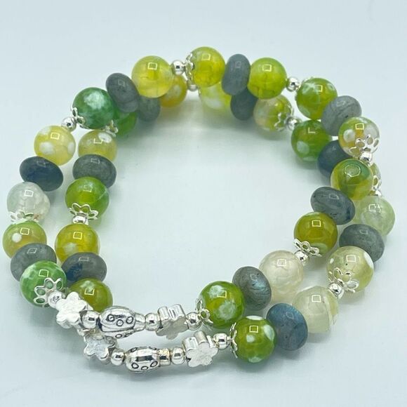 Ladybug labradorite green orca agate beaded stretch bracelet ONE NEW crystal - Picture 4 of 8